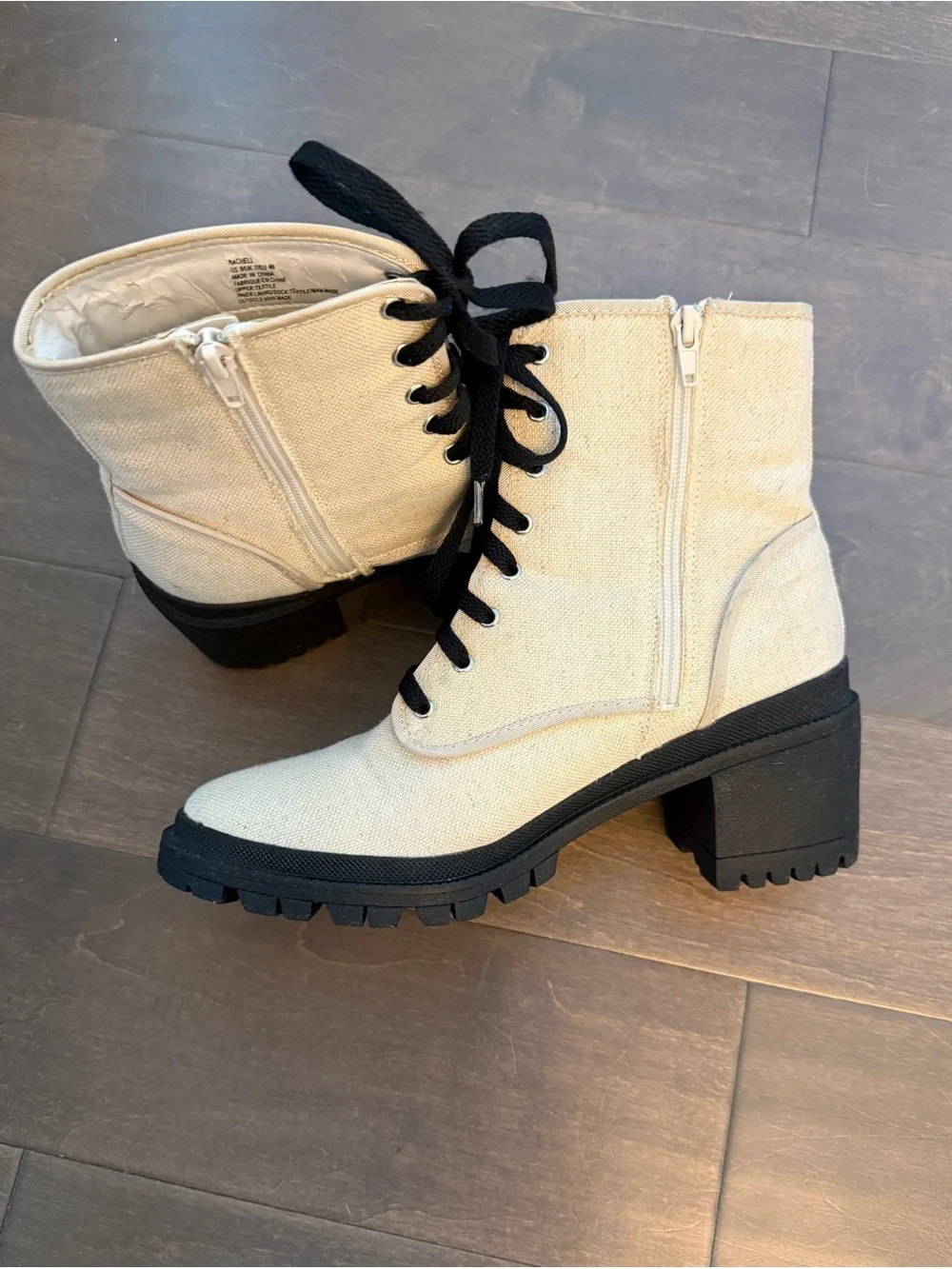 Rachel Canvas Lace-Up Ankle Boots in Cream with Black Accents, women’s, chunky,